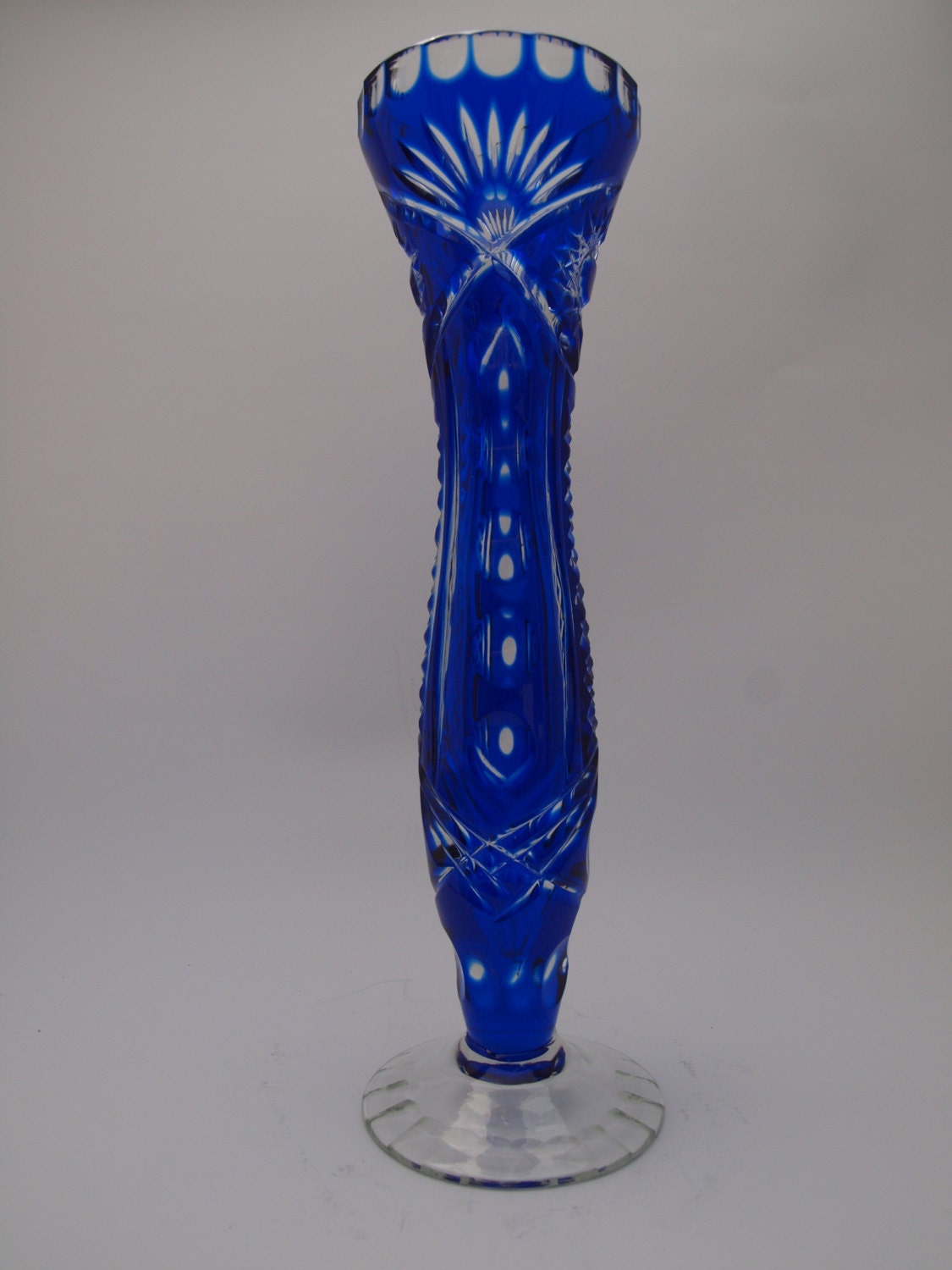 Vintage Bohemian Czech Glass Bud Vase Cobalt Blue Cut To Clear Rare Ebay