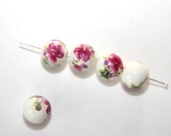 10 Pcs. ceramic beads / porcelain beads / with flowers / white - pink / 12 mm KS50