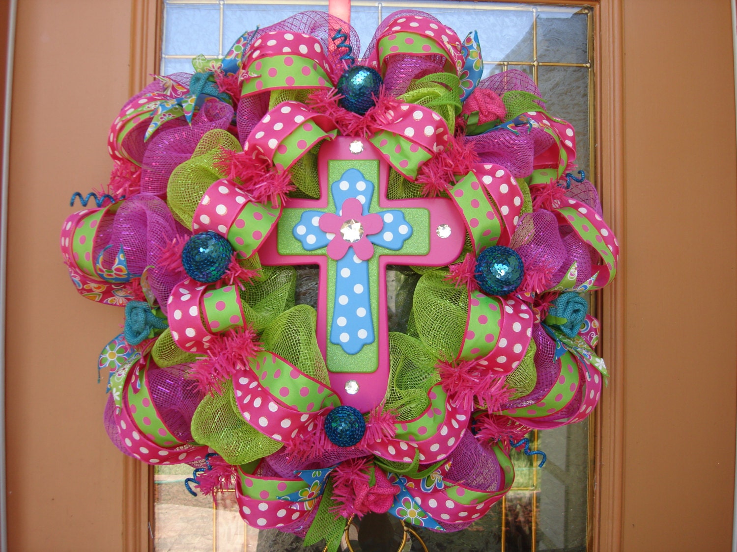 Items similar to SALE...Deco Mesh Hot Pink and Lime Green Cross Wreath ...