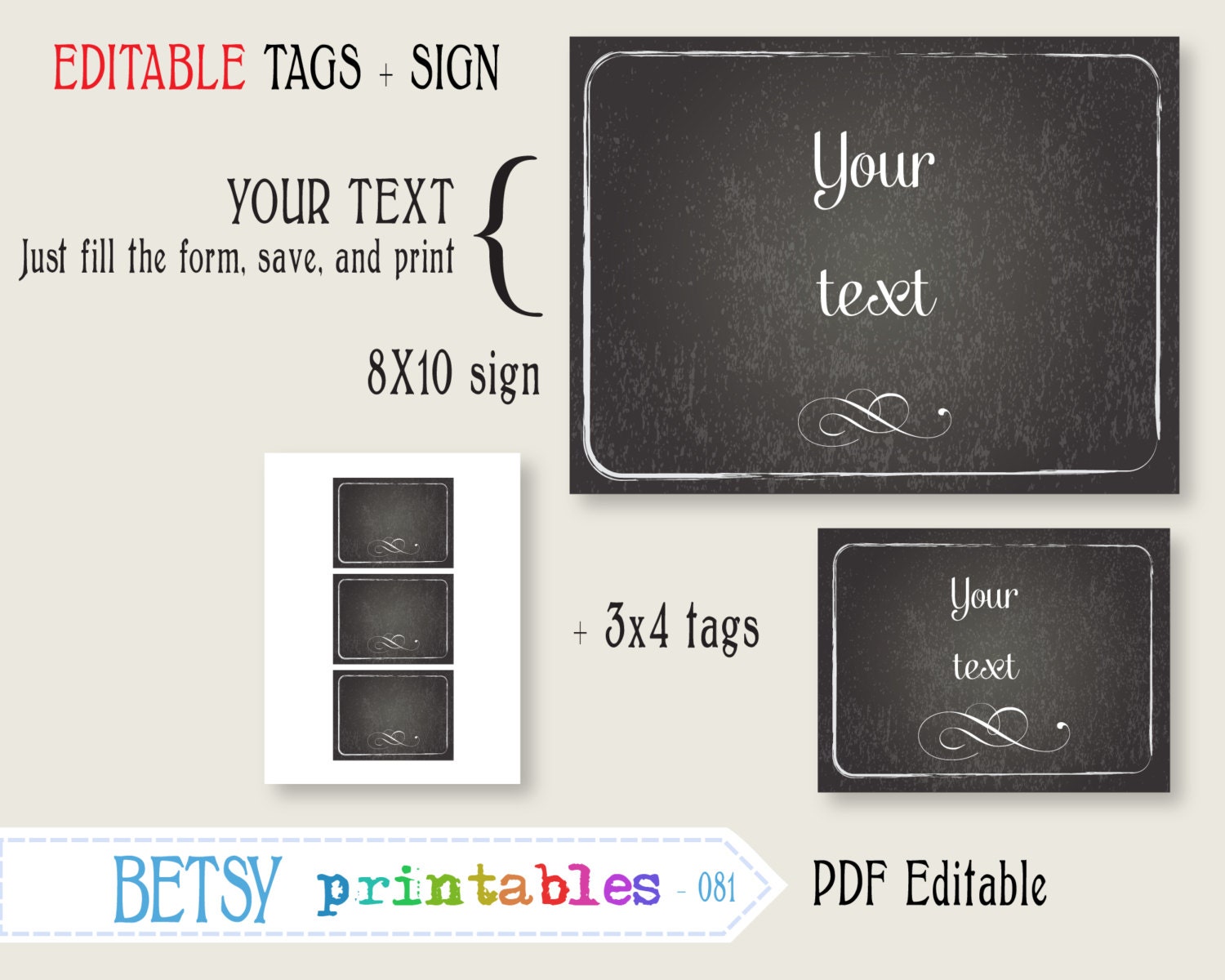 Editable chalkboard sign and tags printable digital sign