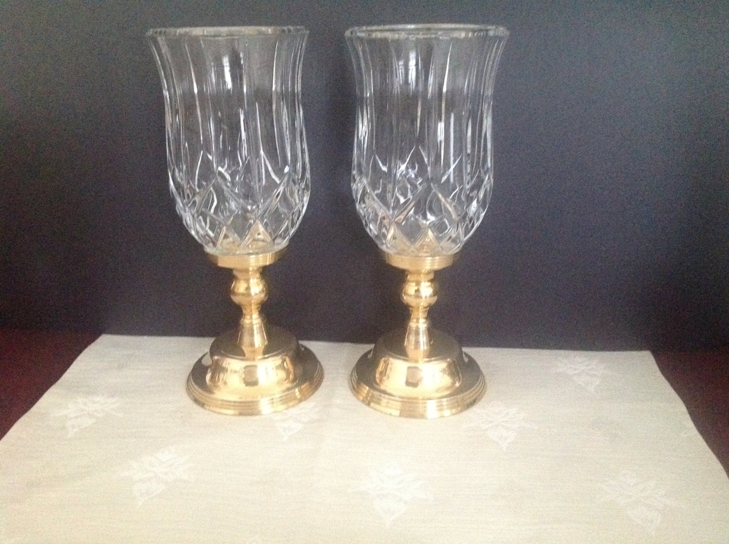 St Georges Crystal and Brass Hurricane Candle Holders