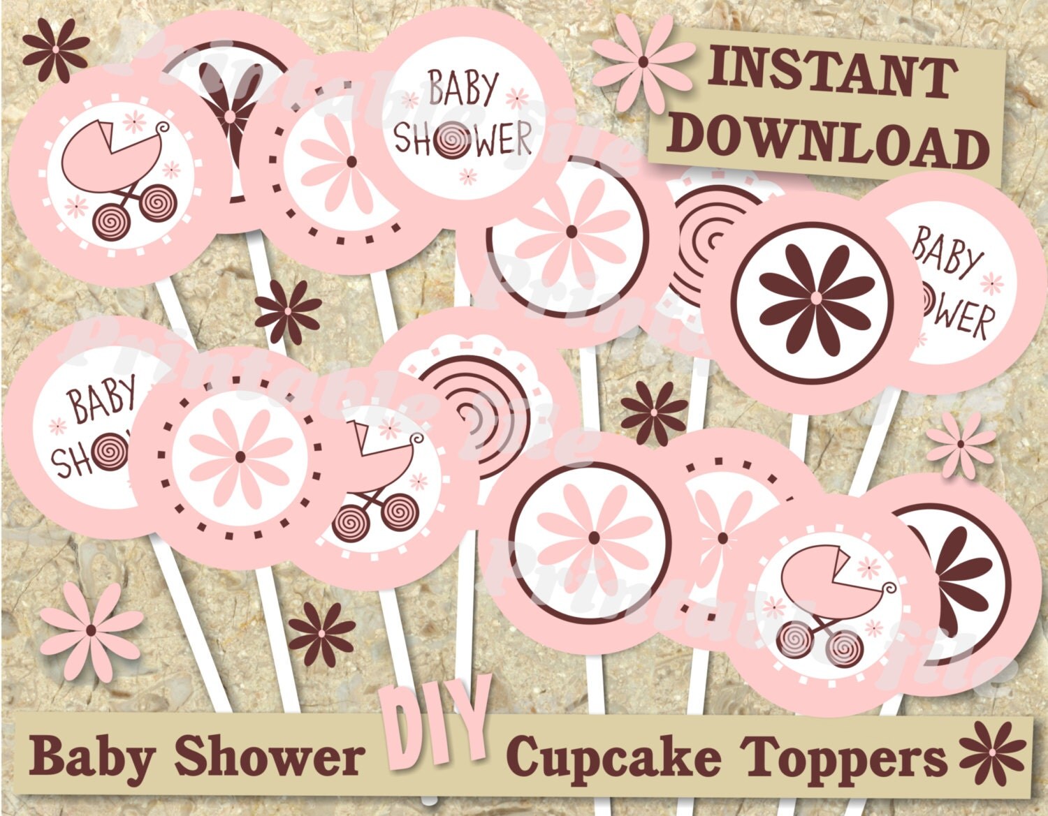 Pink Baby Shower cupcake topper printable template DIY instant