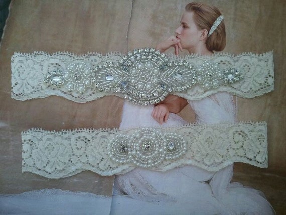 Garter Set-Pearl and Rhinestone Garter Set on a Ivory Lace Garter ...