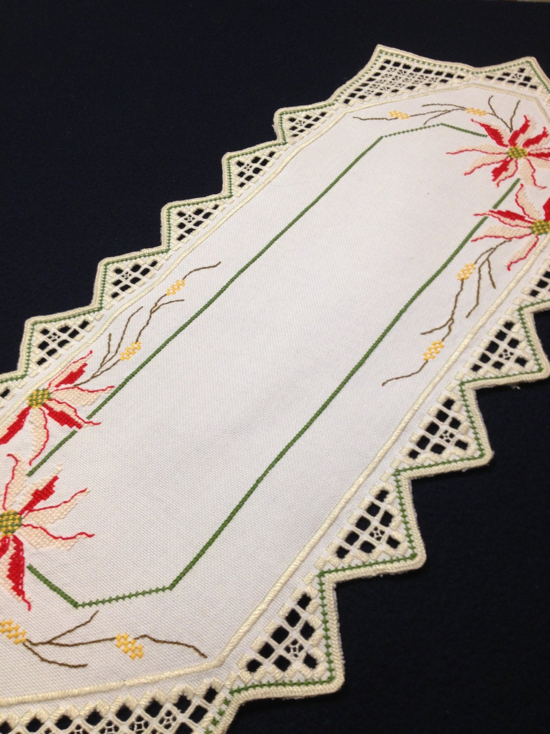 Beautiful Hardanger embroidered linen table runner.