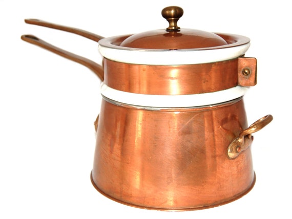 Vintage Copper and Porcelain Double Boiler with Brass Handles