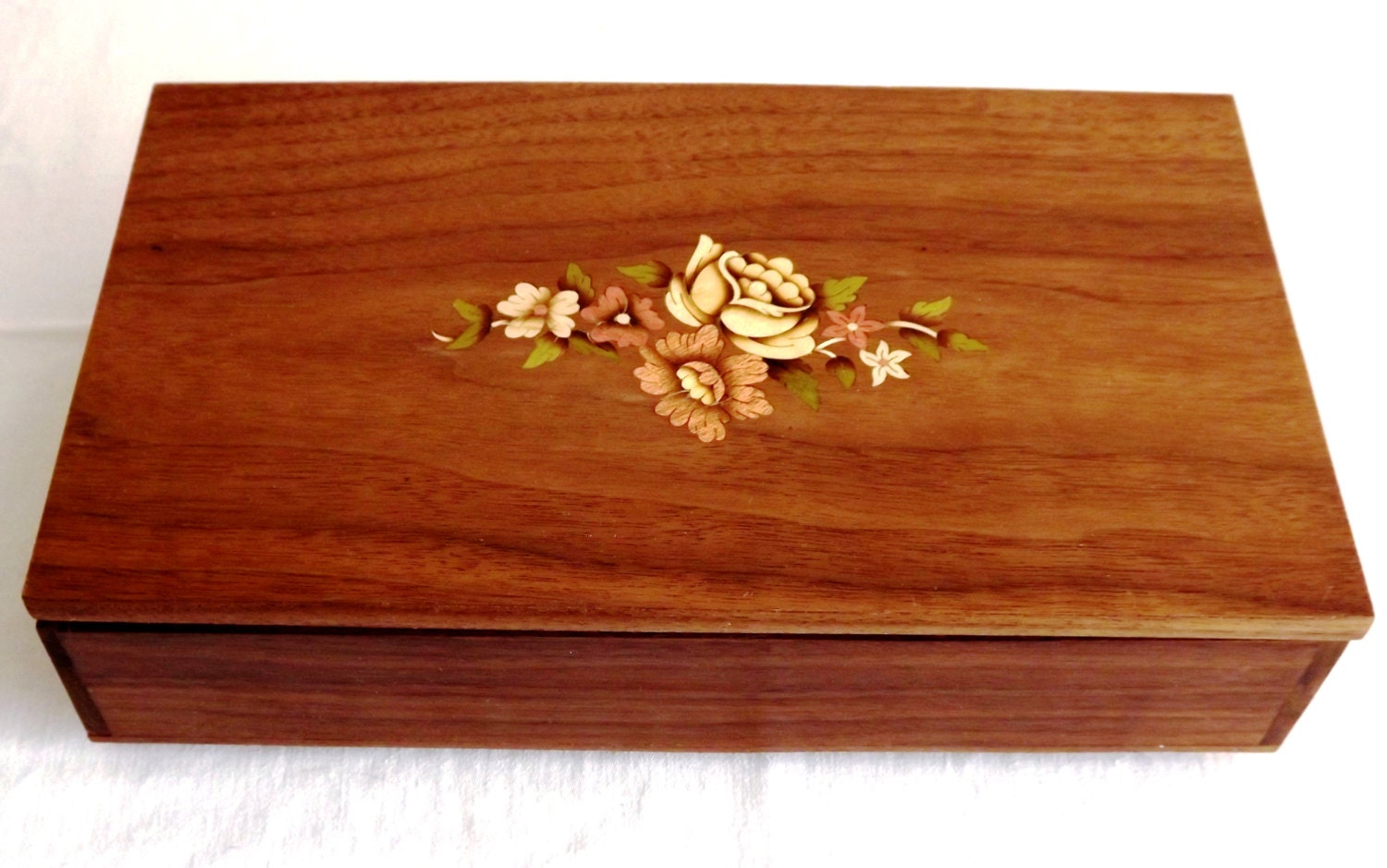 Walnut Jewelry Box with Floral Marquetry Wood Inlay