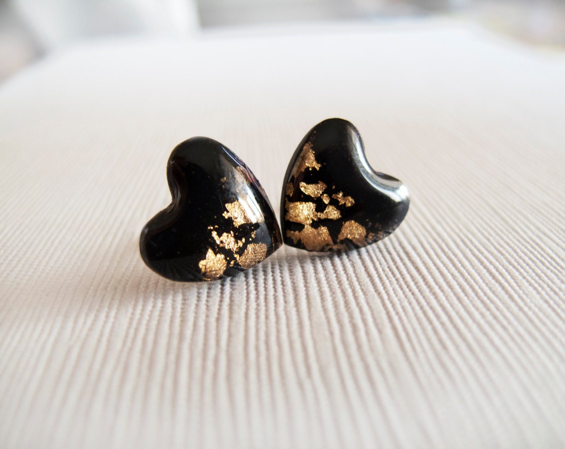 Black Gold Heart Stud Earrings Polymer Clay and Resin