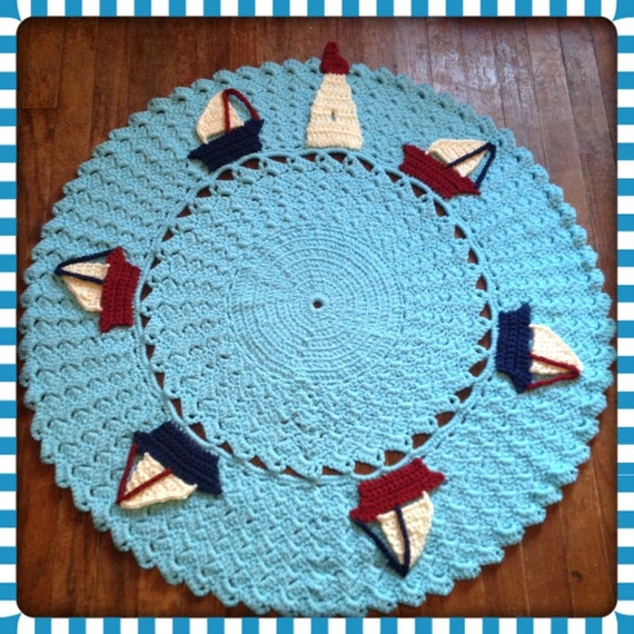 Round Nautical Rug OOAK Sailboat Large Nursery Decor Thick, Soft Crochet 36" Area Rug (Sea in Popsicle Blue) Many Colors- Mat Housewares