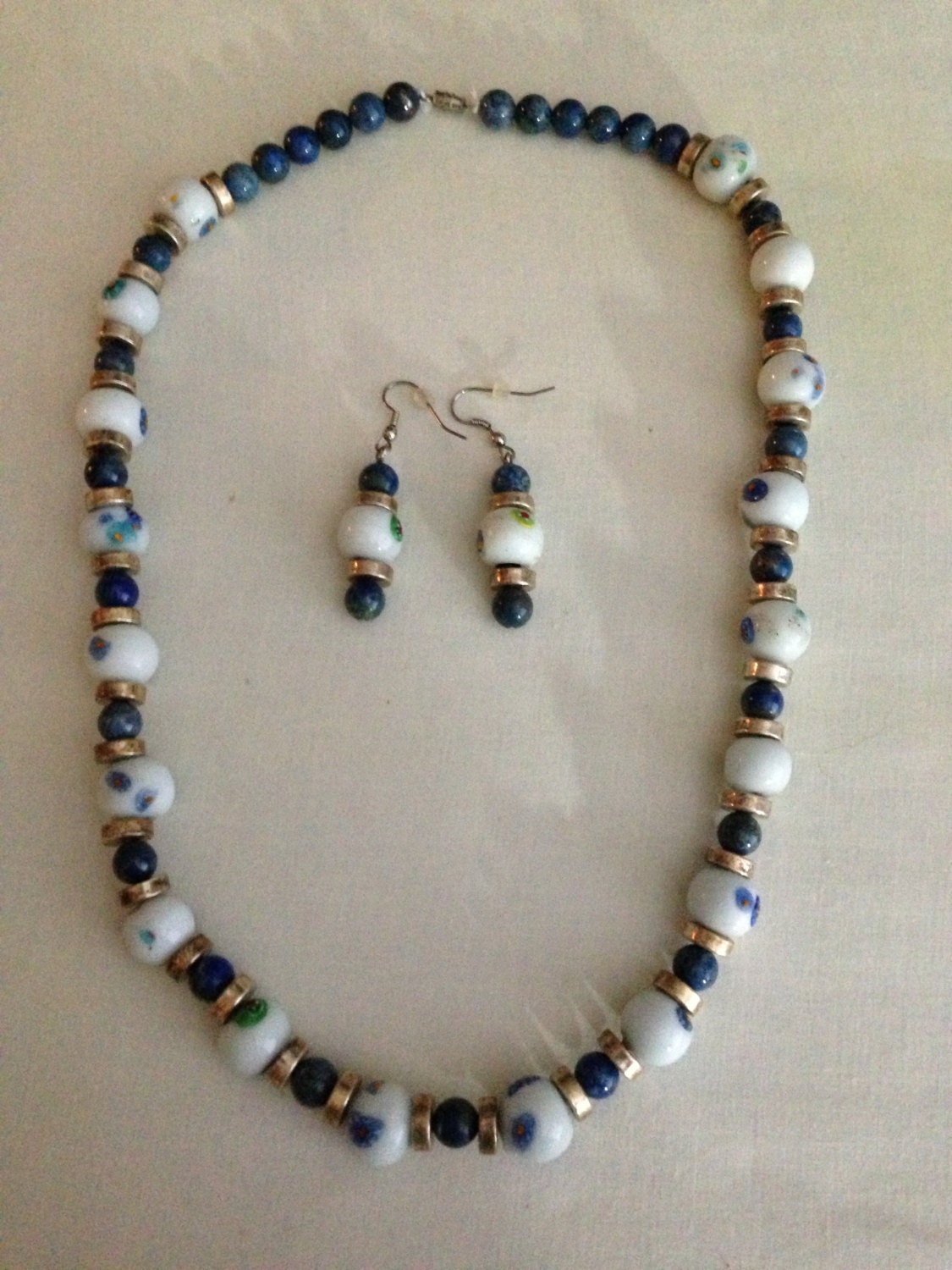 Blue and White Porcelain Bead Necklace and Earring Set