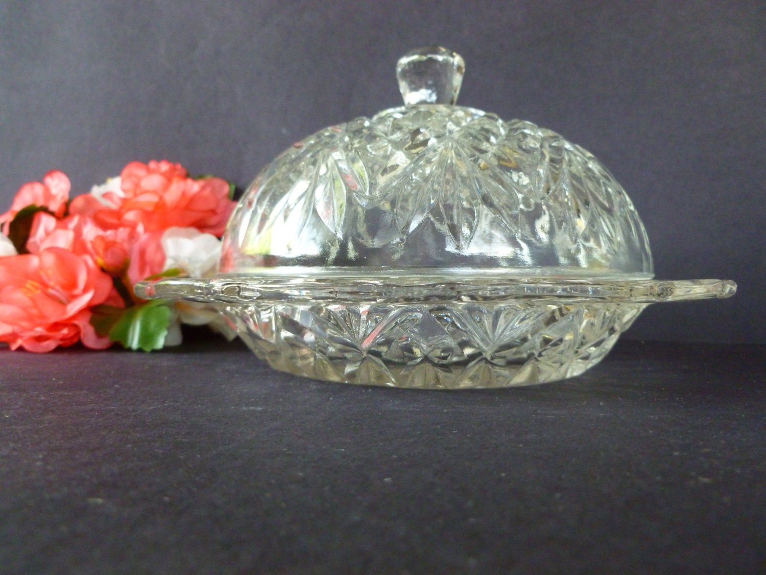 Vintage Cut Glass covered Butter Dish by Anchor Hocking