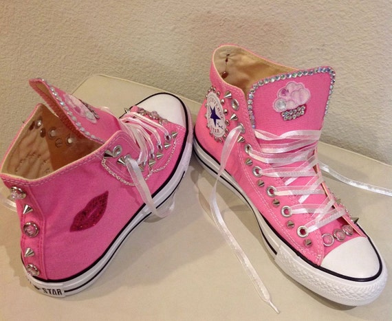 Custom Pink Converse with spikes studs chains by KillerCreationz