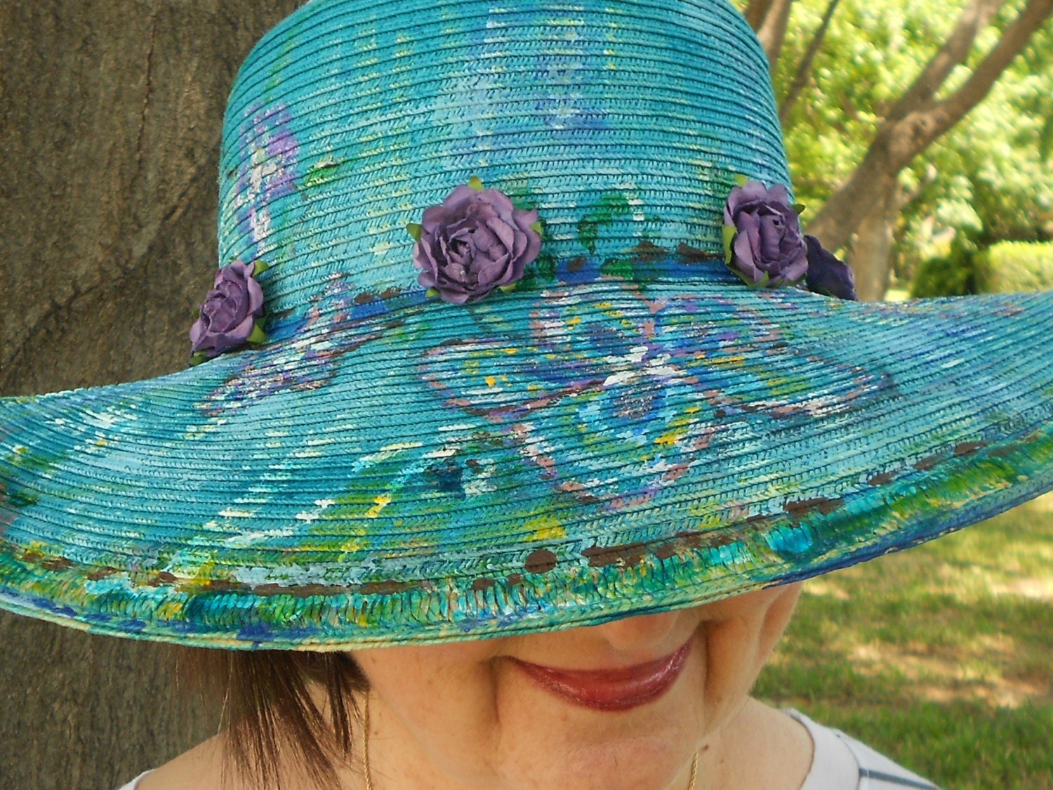 Teal Garden Hand Painted Hat Teal Purple Womens Brim Hat
