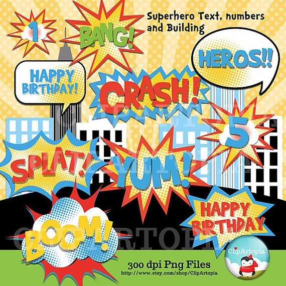 Superhero Text, Number and Building Clipart Comic Book Personal and Commercial Use / INSTANT DOWNLOAD Il_570xn