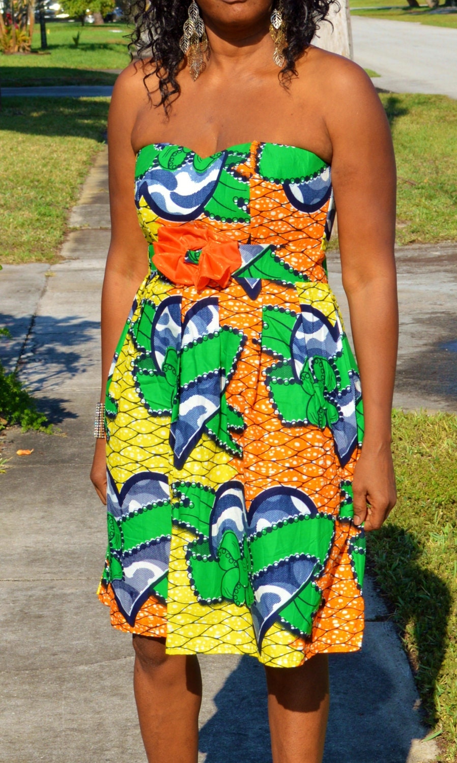 Strapless Green And Orange African Print Dress Green Short