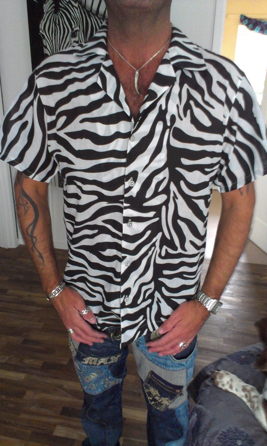 Mens unique Zebra print short sleeved shirt by Hugo Basset