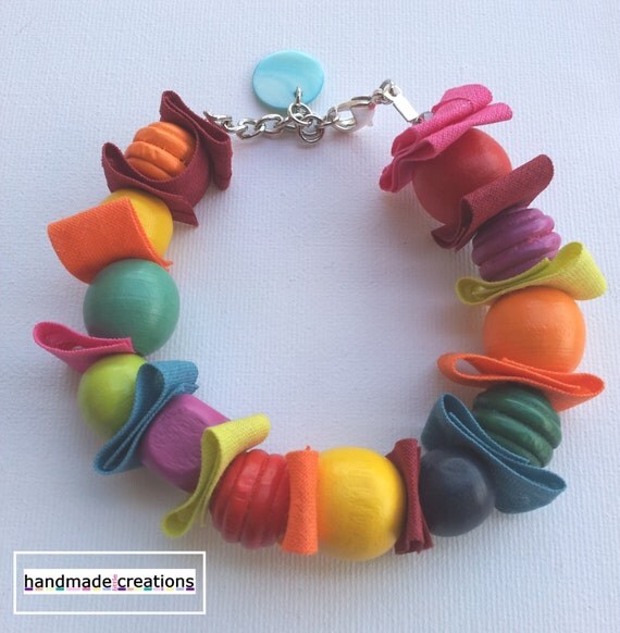 Handmade Wood Beaded and Fabric Bracelet