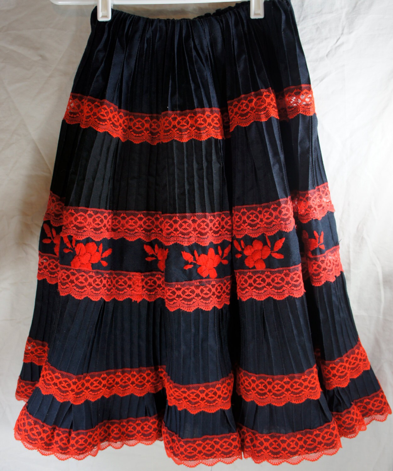 vintage mexican tiered skirt navy with embroidered red by gleaned