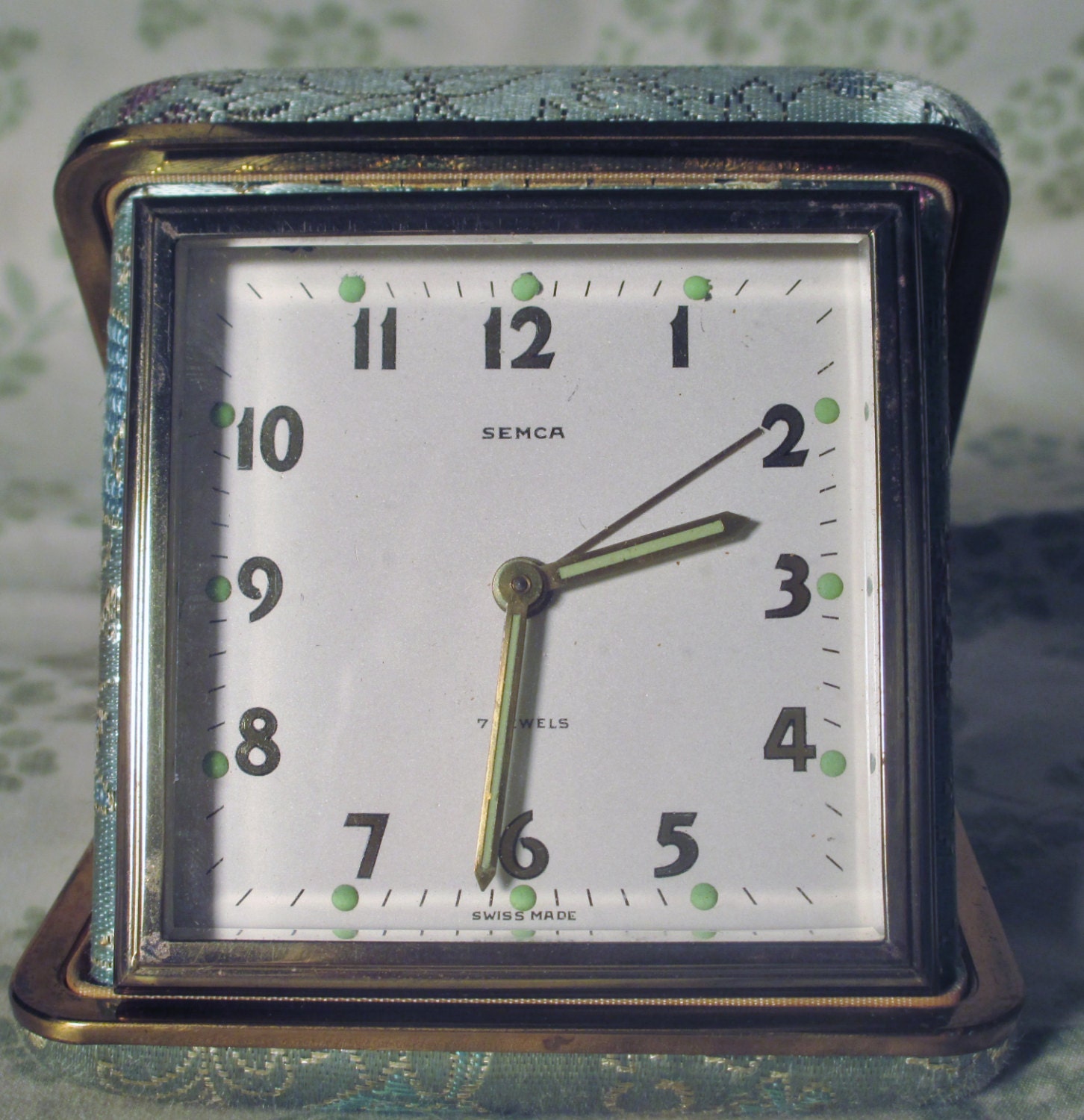 Semca 7 Jewel Swiss Made Travel Alarm Clock Light Blue Brocade Case with Gold & Pink Swirls 1950's 1960's at Sexy Trash & Vintage on Etsy