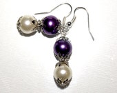 Purple And Cream Earrings, Glass Pearl Earrings, Dangle Earrings