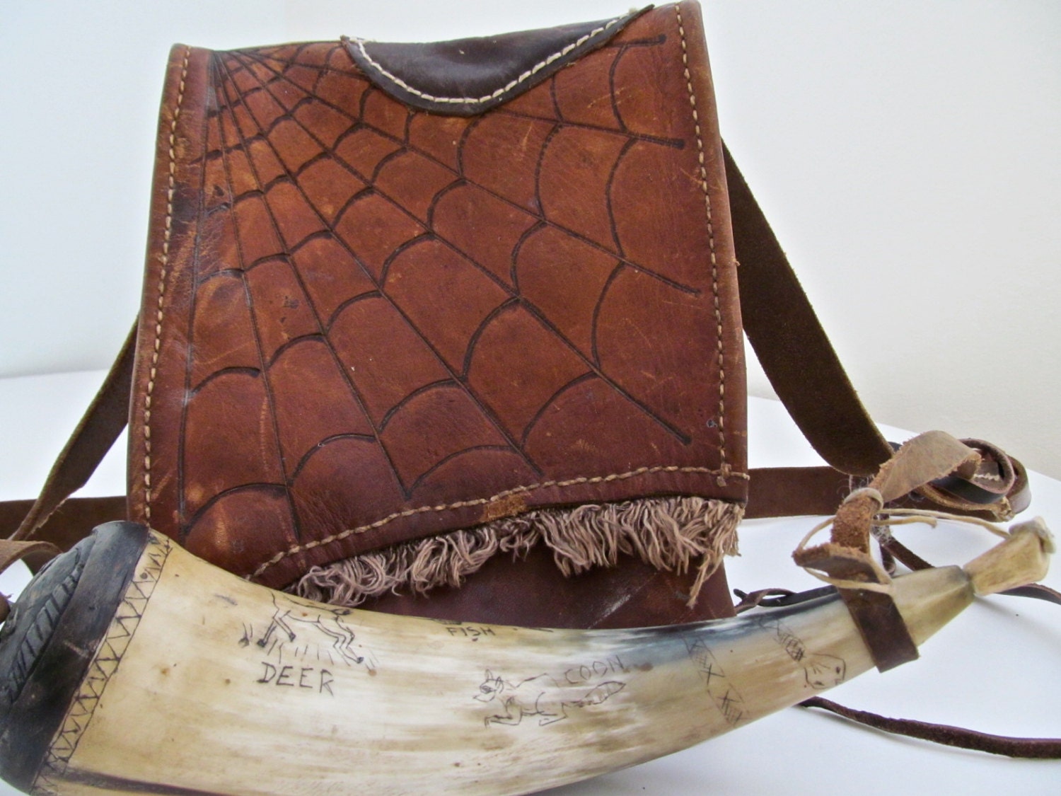 Antique Leather Hunting Bag With Naive Folk Art Scrimshawed