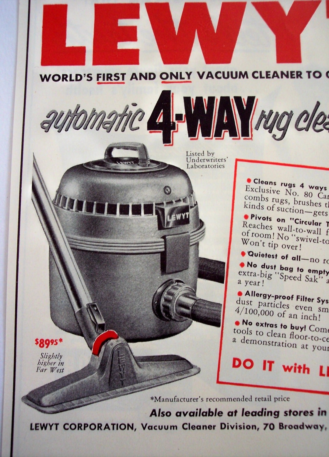 1953 household AD Lewyt Vacuum Cleaner original advertisement