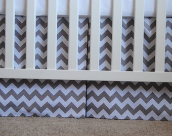 Adjustable grey and white chevron box pleat crib skirt