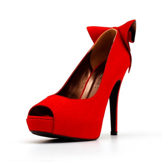 Red Peep Toe Pumps with Back Bow. Red Shoes. Red by ChristyNgShoes