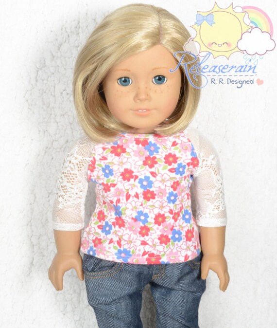 Flowers/White Mesh Lace 3/4 Sleeve Knit Tee Shirt Doll Clothes Outfit for 18" American Girl dolls