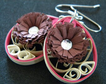 Medium Paper Quilled Earrings with Pink Flower and Purple