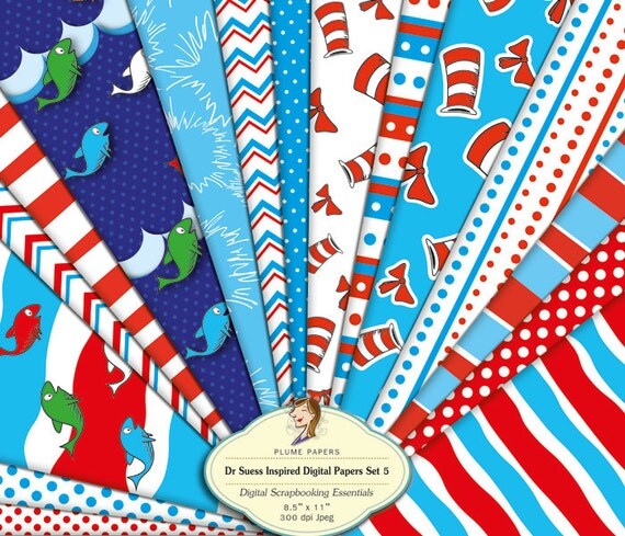 Items similar to Dr Seuss Digital Paper 8x11 Pack Dr Seuss Inspired ...