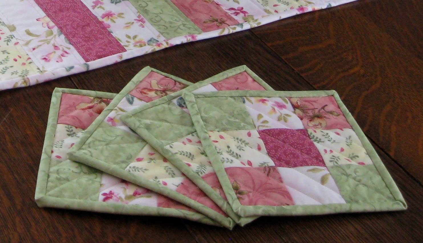 Quilted Mug Rugs set of 4 in beautiful pink and green floral