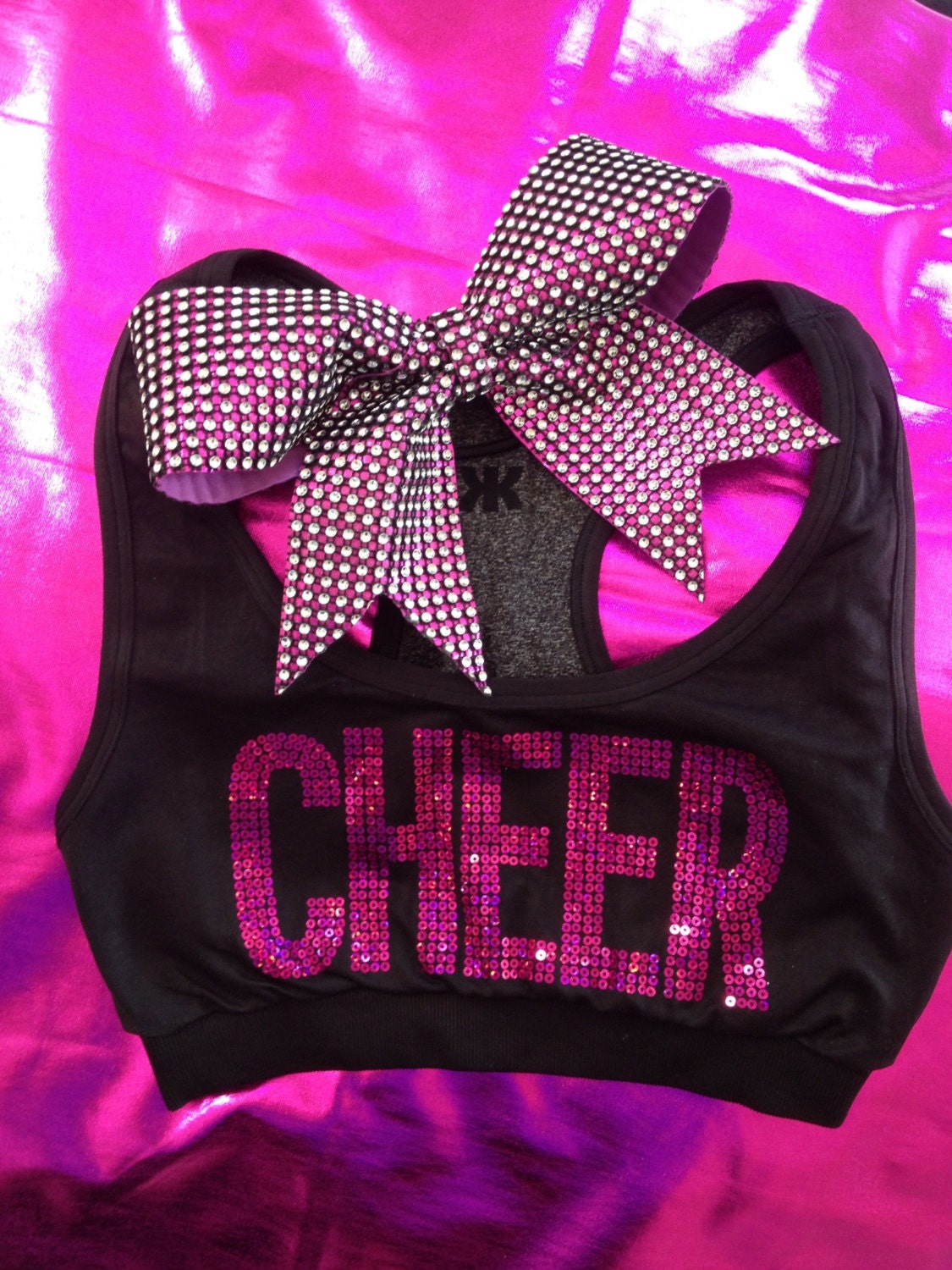 Cheer Sports Bra Top Hot Pink Sequin with Rhinestone by Bowfriendz