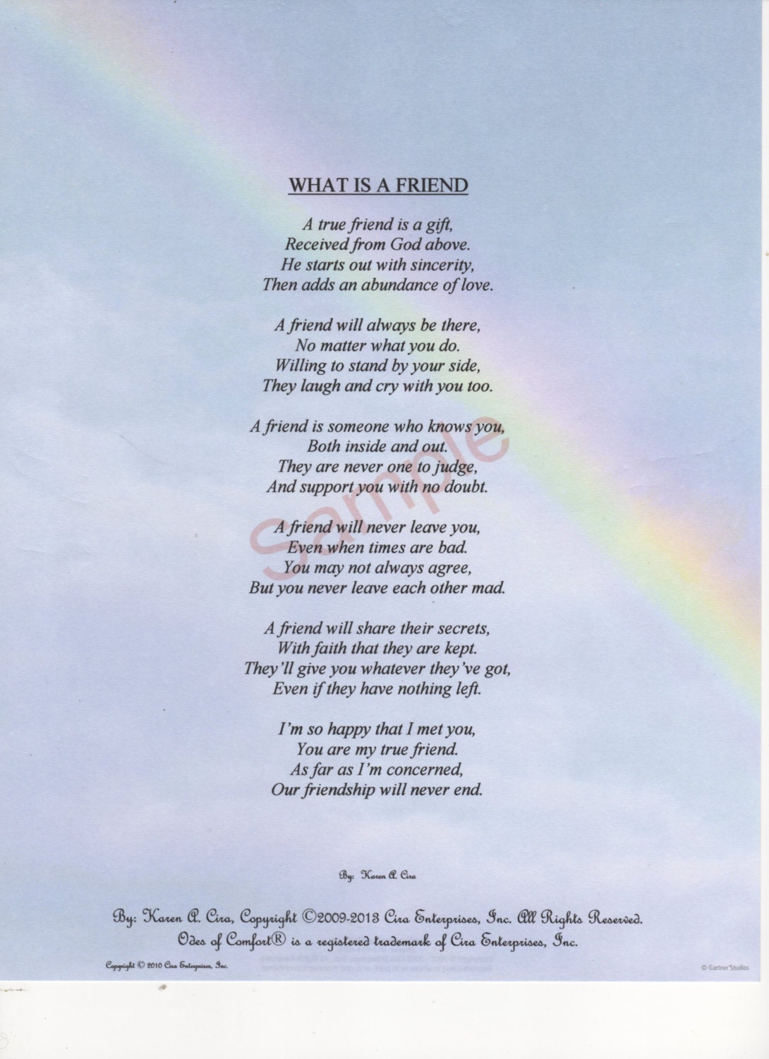 Six Stanza What Is A Friend Poem shown on