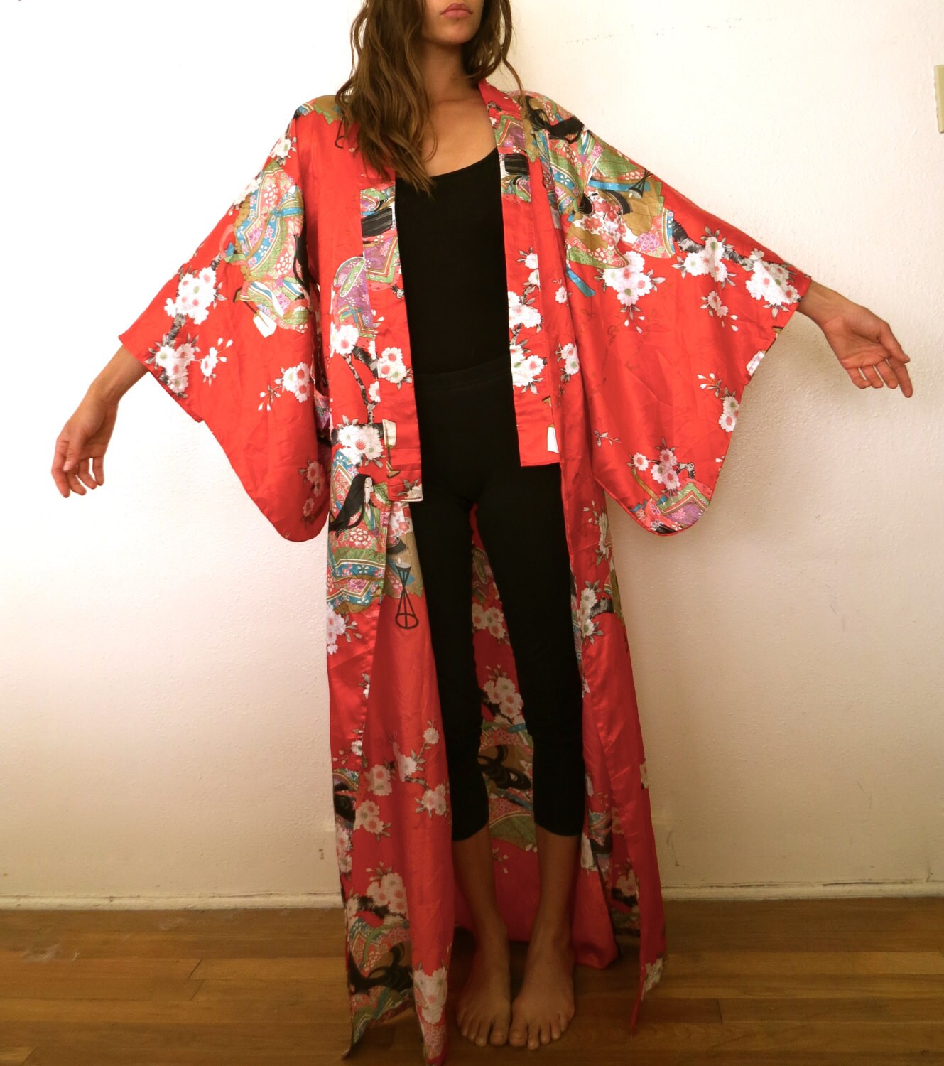 Japanese Red Silk Kimono Robe