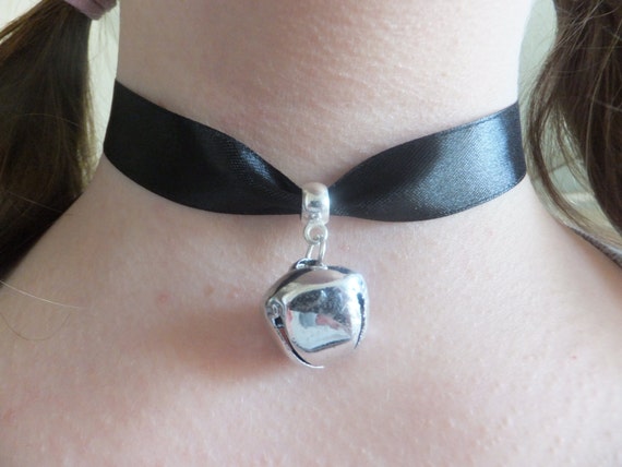 Black Cosplay Ribbon & Silver Bell Cat Collar Choker Neko