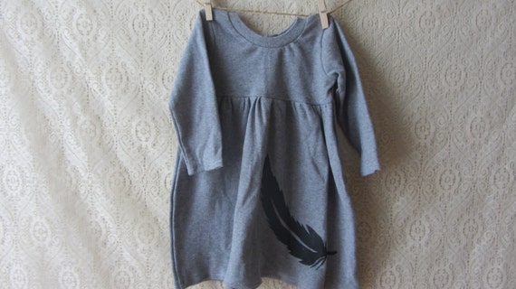 Gray knit baby girl's dress with feather. 12-18 months.