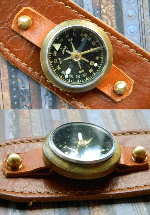 Vintage Brass Wrist Compass on Soft Leather Steampunk Style