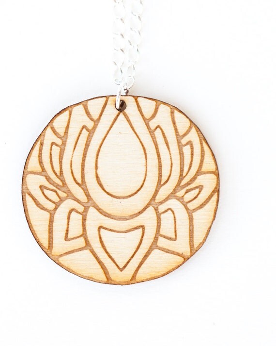 Lotus Flower Laser Cut Etched Wood Pendant 1.5 inch