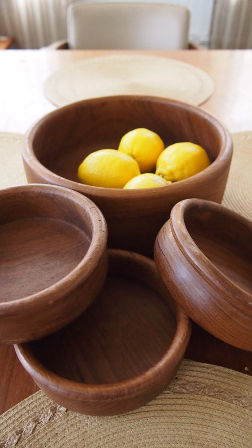 Teak Salad Bowl Set, Dolfin, MidCentury, 5 bowls, Danish Modern