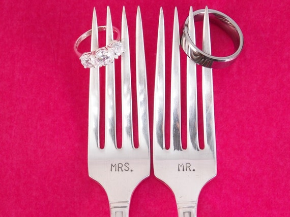 Mr Mrs Fork Set Hand Stamped Vintage Silverware Wedding 8709