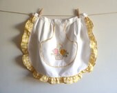 Apron - embroided handmade - yellow and pink roses on white cotton