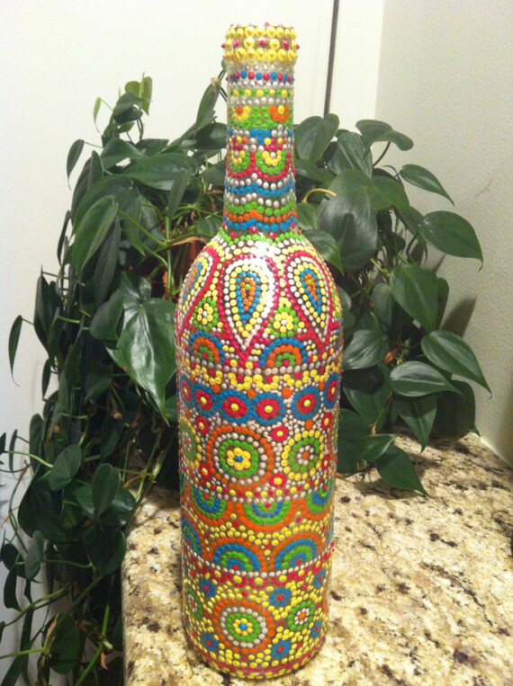 Hand painted wine bottle / Dot Art
