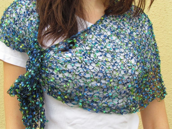 BLUE and GREEN hand crocheted fancy scarf ladder yarn scarf