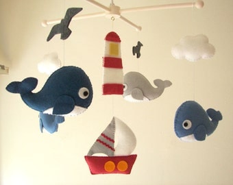 Baby crib mobile, Felt mobeil, Baby crib mobile, Whale mobile, Boat mobile, nursery mobile - "Ocean Freedom"