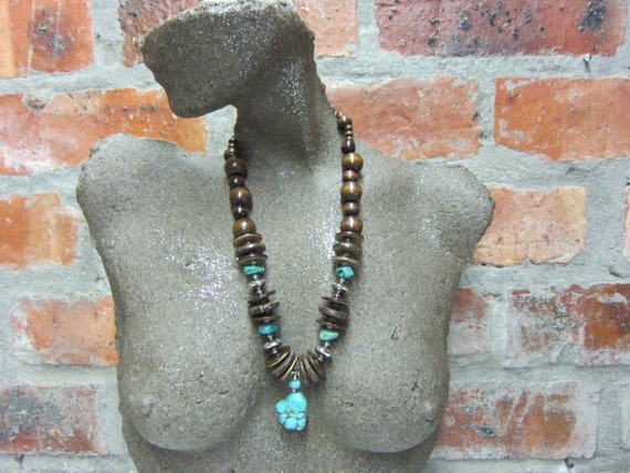 African Beaded Necklace, Semi Precious Stones, Ethnic, Handmade, Chunky, Wooden Beads, Aged Metalized Beads #107