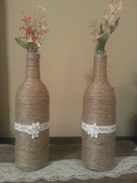 made with wine bottles centerpieces Wine by RusticWeddingsRUs Centerpieces Wrapped Jute Bottle