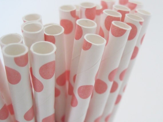 25 Coral Dark Peach Pink Polka Dot Paper Straws - ships less than 24 hours Il_570xn