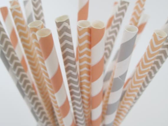 25 Peach and Grey Stripe and Chevron Paper Straw Mix - ships less than 24 hours Il_570xn