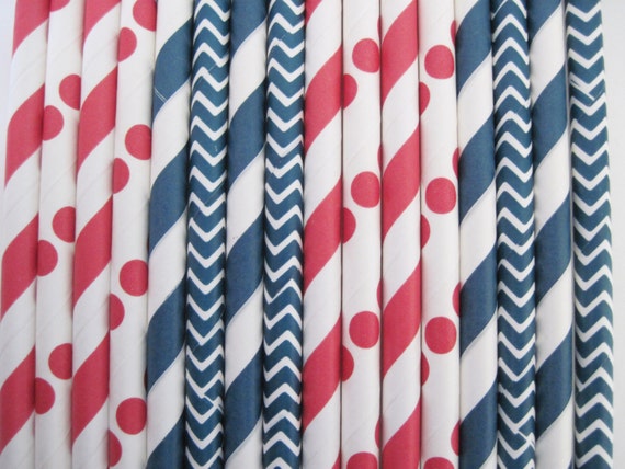 Patriotic Red, White and Blue 4th of July Paper Straw Mix - - ships less than 24 hours Il_570xn