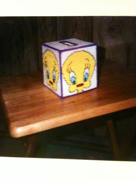 tweety tissue box cover needlepoint plastic by Cathygiftsandthings